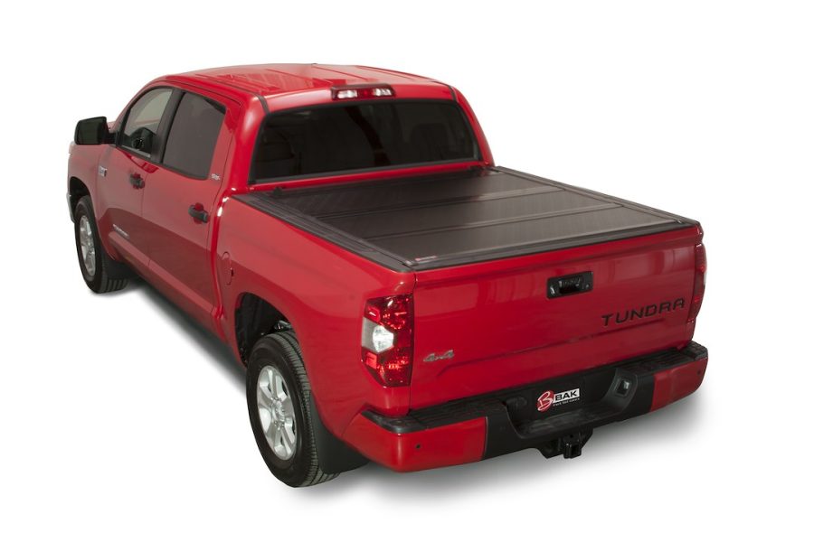 BAK 1126446 BAKFLIP FIBERMAX, Hard Folding; Low Profile; 2 Folds/ 3 Panels; Front Hinge Allows Entire Tonneau To Flip Up When Folded; Gloss Black; Fiberglass Covered Aluminum; Lockable Using Tailgate Handle Lock; Can Be Used With BAK Tool Box