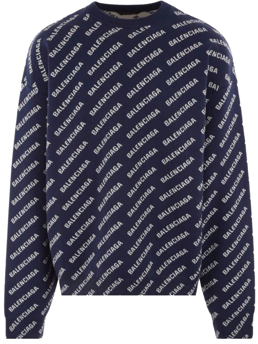 BALENCIAGA Mini Allover Logo Sweater Chalky Navy/White