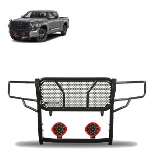 BLACK HORSE RU-TOTU22-B-PLR RUGGED Heavy Duty Grille Brush Bumper Guard Modular Black Come With pair of 7.0 INCHDia.LED Lights with Red Trim Rings Compatible with 2022-2024 Toyota Tundra