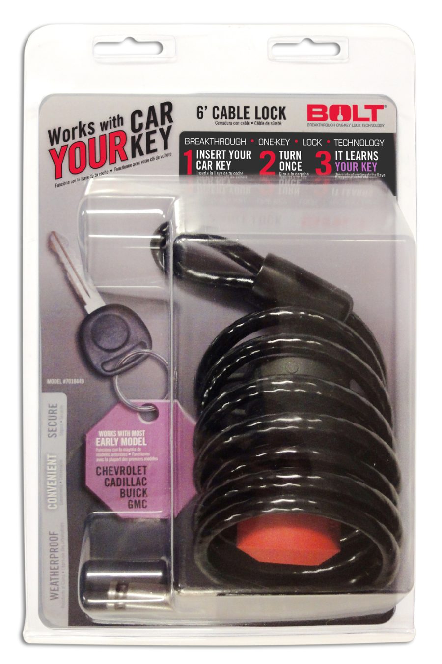 BOLT 7018449 6FT CABLE LOCK GM A, 6 Foot Length; Key Lock; 1/4 Inch Black Vinyl Coated Coiled Cable; Opens With Vehicle Ignition Key; For 1995 To 2009 GM Models