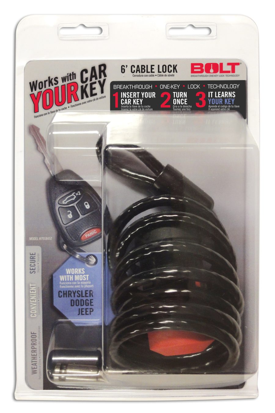 BOLT 7018452 6FT CABLE LOCK CHRYSLER, 6 Foot Length; Key Lock; 1/4 Inch Black Vinyl Coated Coiled Cable; Opens With Vehicle Ignition Key; 84 Groove Port; Clamshell Package; For Dodge/ Jeep/ Ram Keys