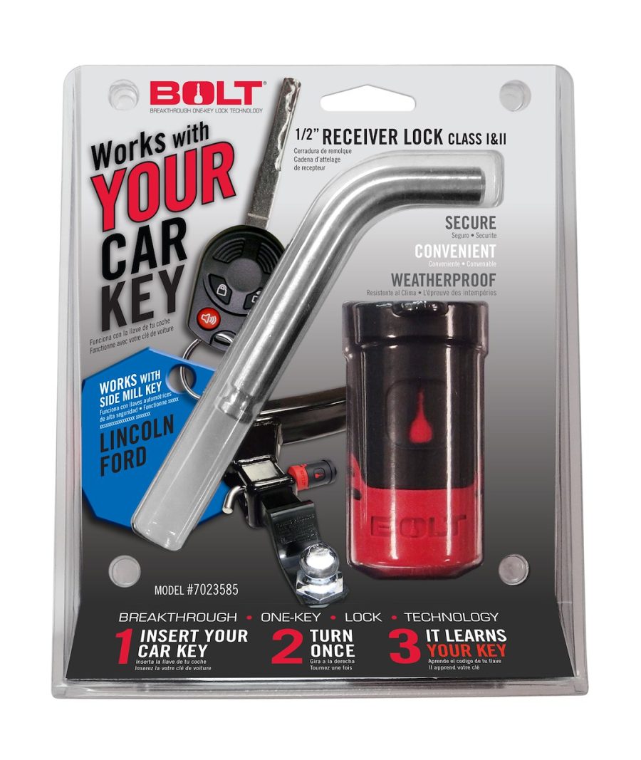 BOLT 7023630 1/2FT RECEIVER LOCK FORD SIDE CUT, Bent Pin; 1/2 Inch Diameter; 1.78 Inch Length; For Use With Class I/II Hitch; With Keyed Lock; With Dust Cover; Single; Opens With Vehicle Ignition Key