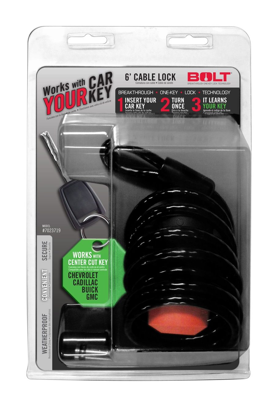 BOLT 7023719 6FT CABLE LOCK GM CENTER, 6 Foot Length; Key Lock; 1/4 Inch Black Vinyl Coated Coiled Cable; Opens With Vehicle Ignition Key; For GM Center Cut Key