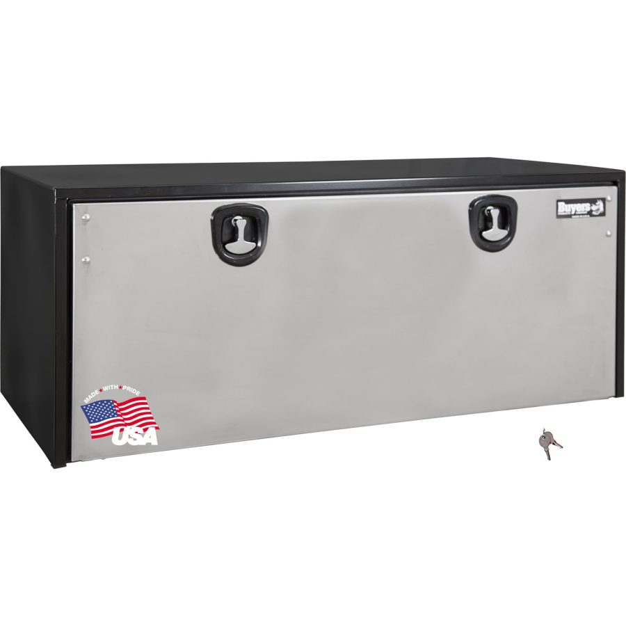 BUYERS PROD 1702710 Black Steel Underbody Truck Box With Silver Polished Stainless Steel Door, 18 x 18 x 48 Inch, Made In The USA, Truck Tool Box Organizer With Storage, Job Box For Work Truck