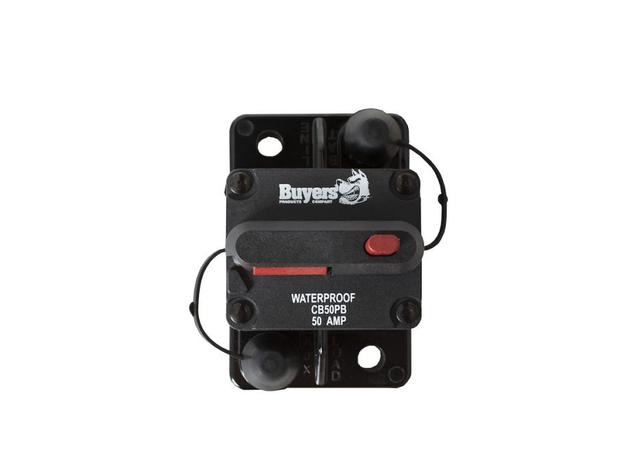 BUYERS PROD CB50PB CIRCUIT BREAKER 50 AMP PUSH-TO-TRIP, 50 Amp; Plastic; Waterproof; Black; 42 Volts Max; Brass Studs; Manual Push-To-Trip Reset; Single