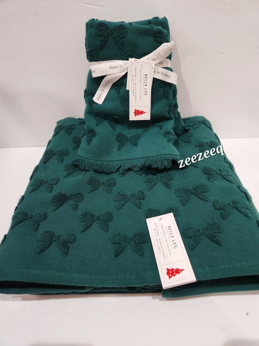 Bella Lux Hand & Bath Towels Set Christmas Collection Green Bows Set of 4