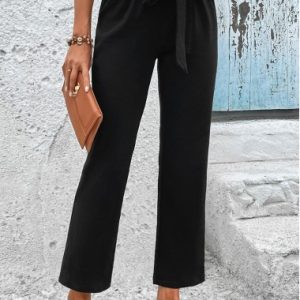 Black Elastic Waist High Waisted Bowknot Pants