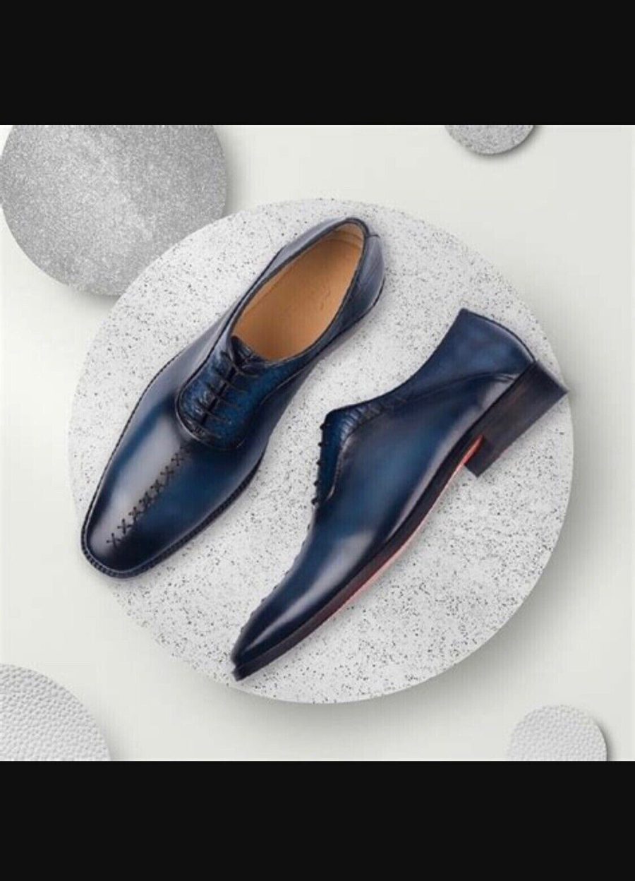 Blue patina handmade men's dress shoes handmade leather shoes