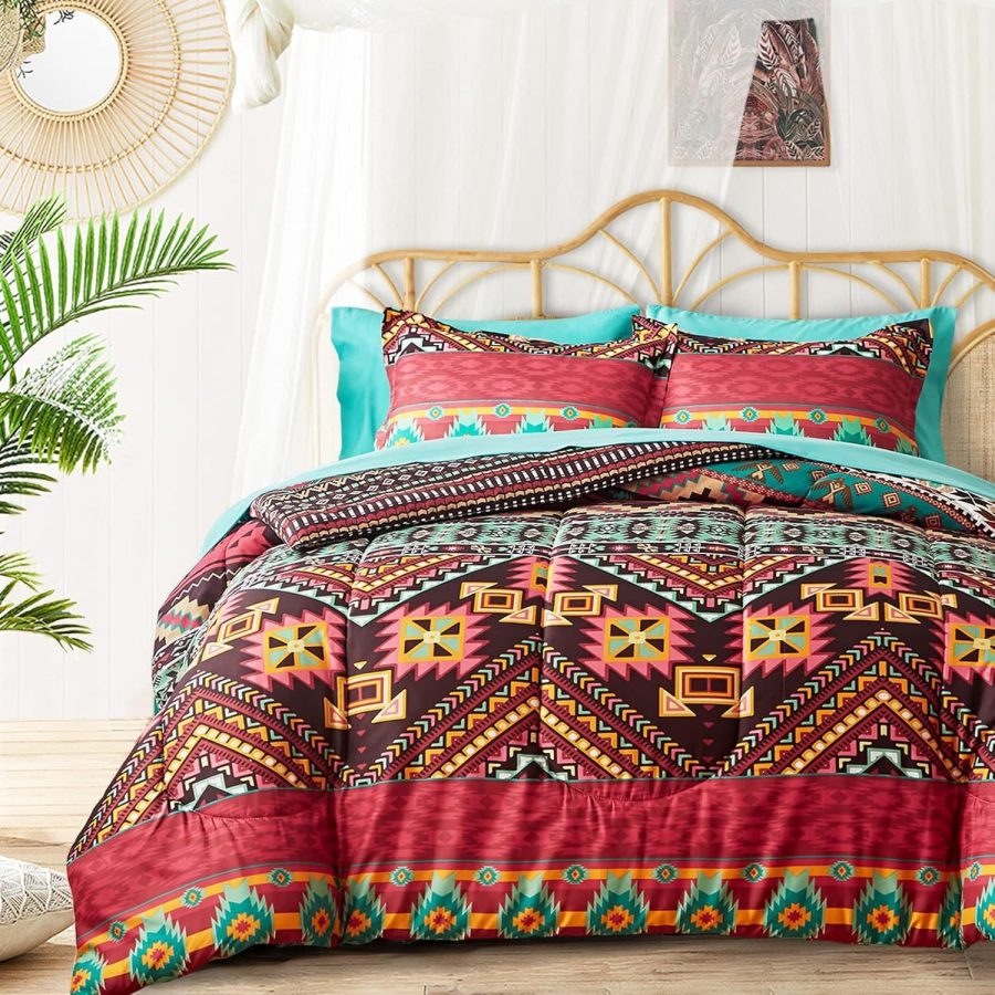 Boho Bed In A Bag 7 Pieces Queen Size, Colorful Bohemian Tribal Comforter Set Wi