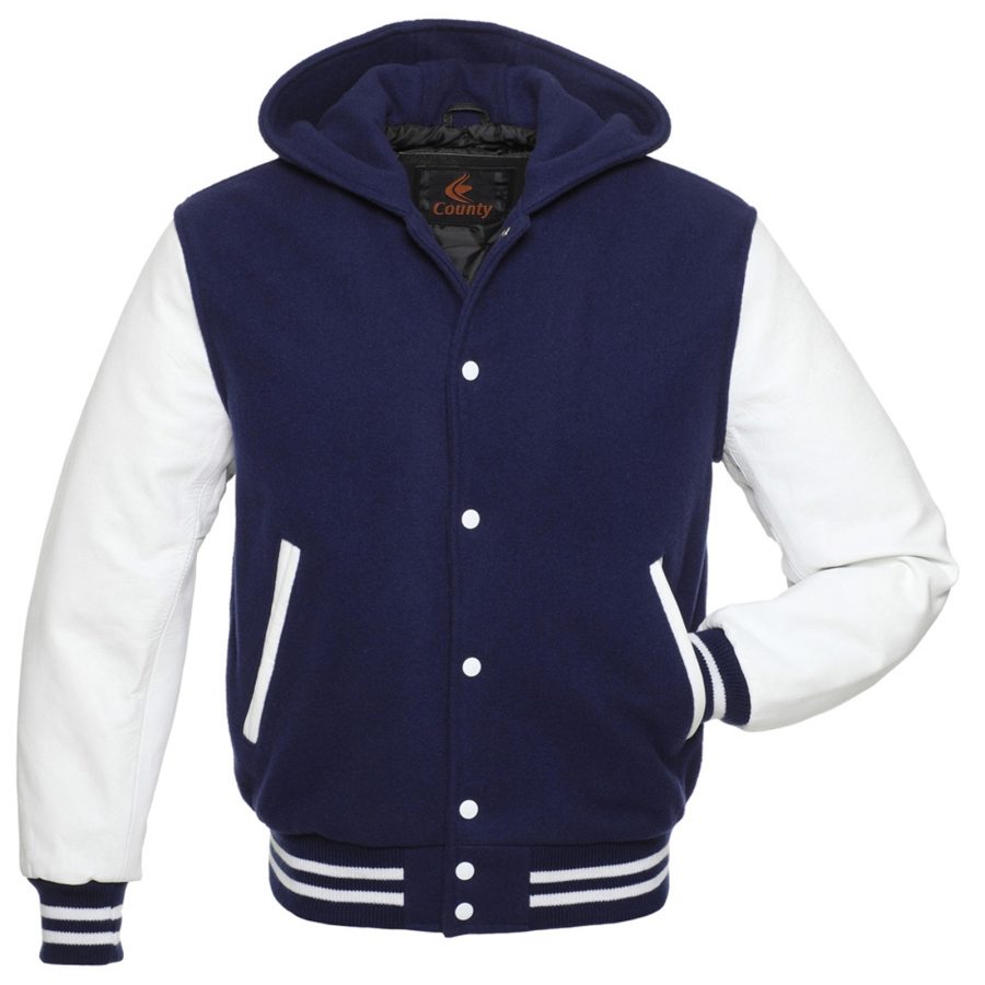 Bomber Varsity Letterman Baseball Hoodie Jacket Navy Blue Body White Leather Sle