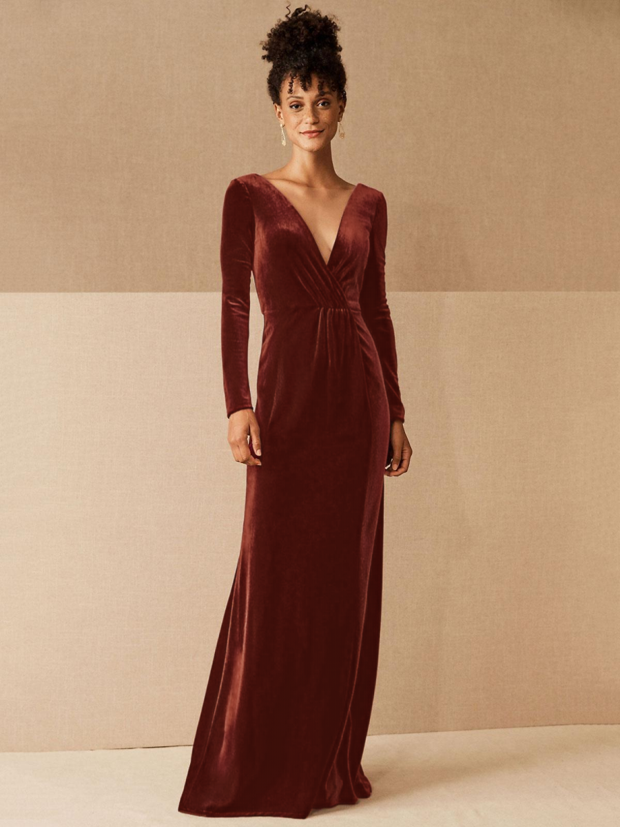 Burgundy Evening Dress 2024 A-Line V-Neck Long Sleeve Velour Floor-Length Formal Dresses Wedding Guest Dresses Free Customization