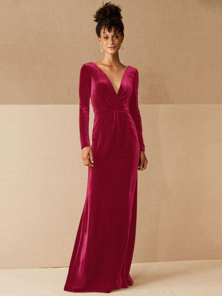 Burgundy Evening Dress 2024 A-Line V-Neck Long Sleeve Velour Floor-Length Formal Dresses Wedding Guest Dresses Free Customization