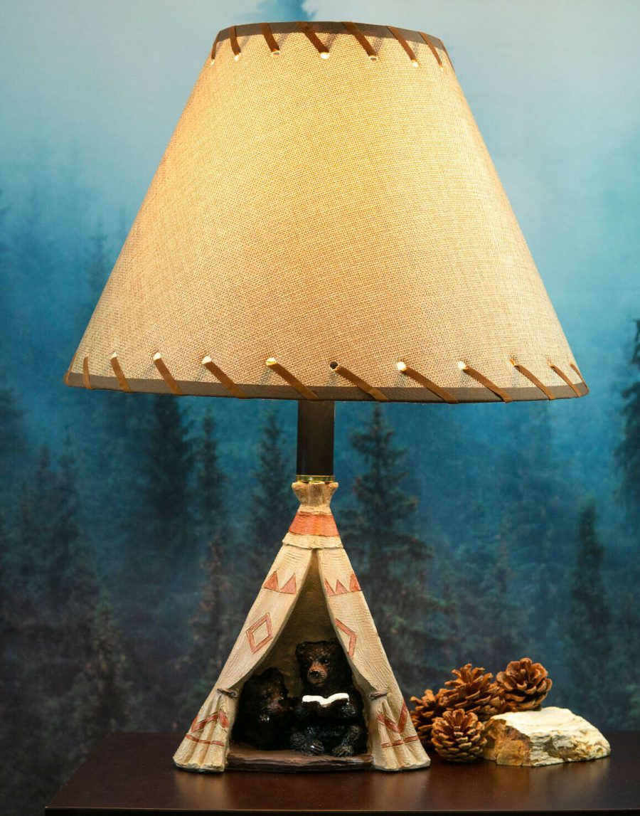 Campfire Story Time Bear Cubs Reading In Teepee Hut Rustic Table Lamp With Shade