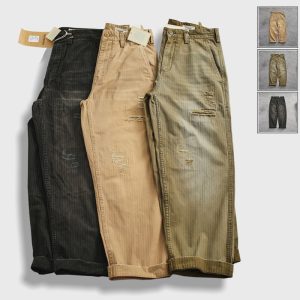 Casual Distressed Herringbone Woven Loose Straight-Leg Cargo Pants