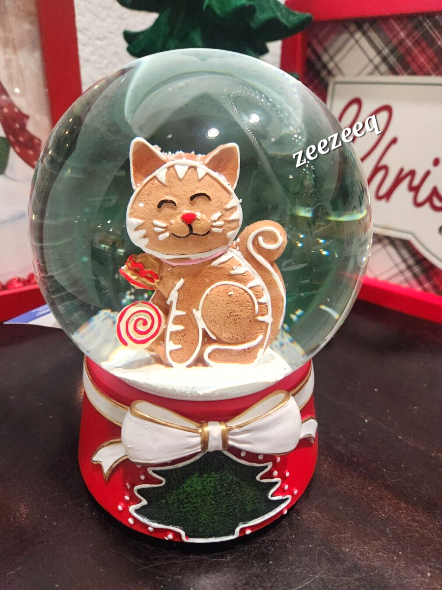 Christmas Gingerbread Cat MUSICAL Snowglobe Snow Globe Figurine Decor NEW