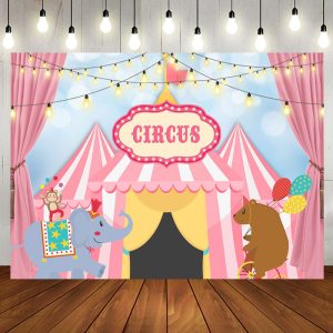 Circus Mill Animals Tent Pink Happy Birthay Backdrop - Aperturee