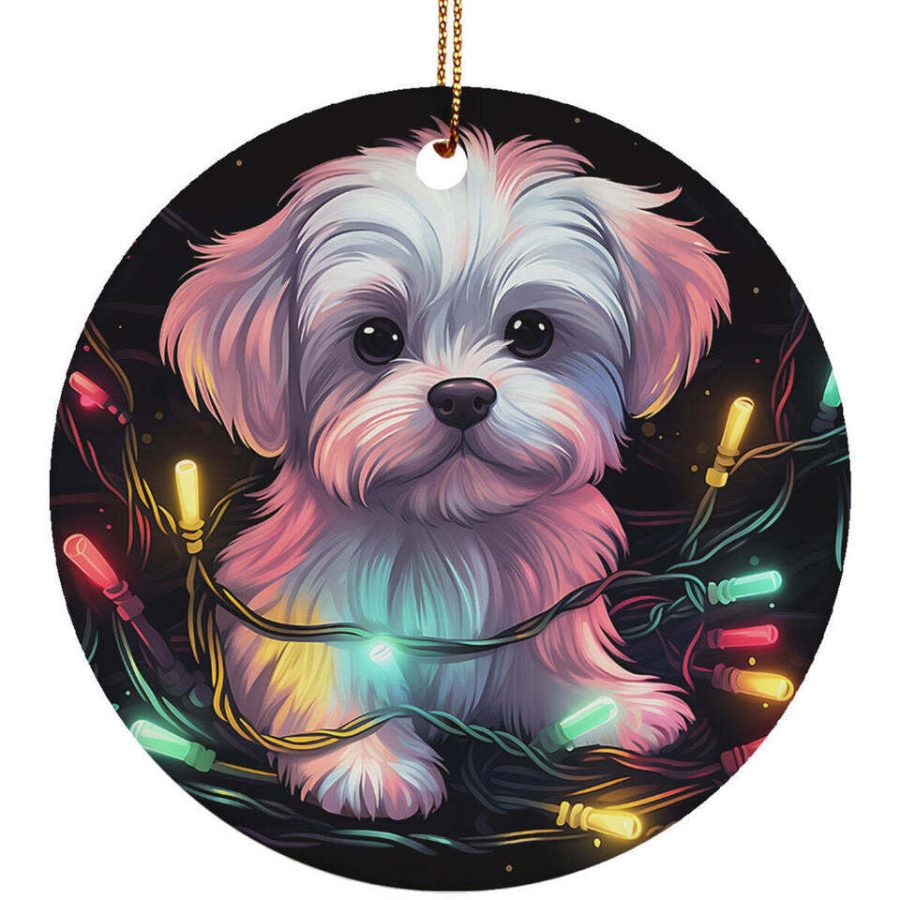 Cute Maltese Puppy Dog Christmas 2024 Ornament Ceramic Xmas Gift Decor Hanging