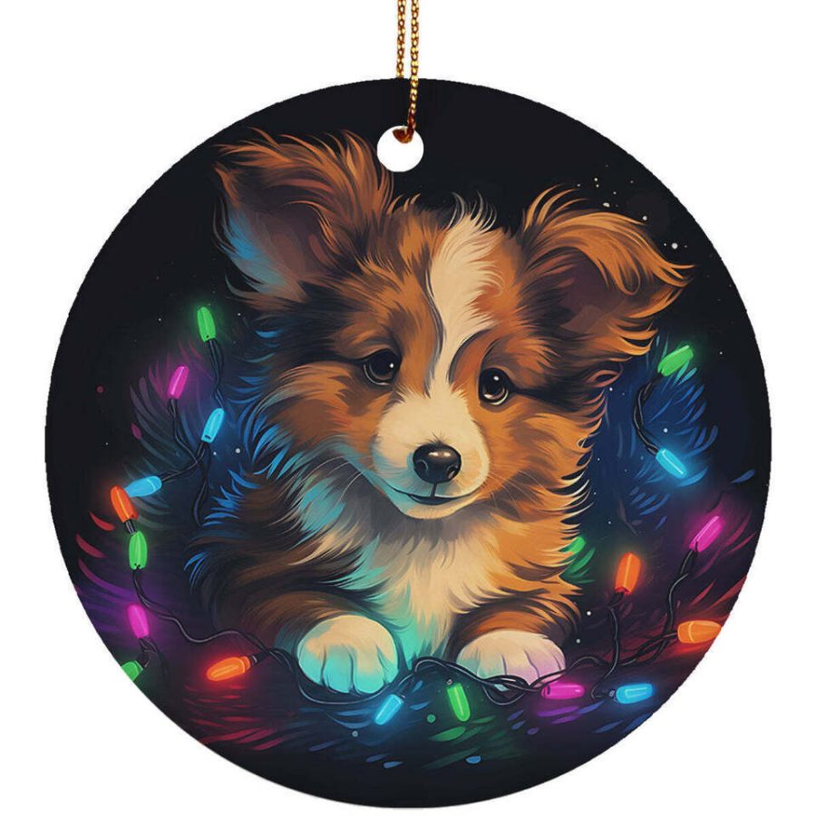 Cute Shetland Sheepdog Puppy Dog Christmas 2024 Ornament Ceramic Xmas Gift Decor