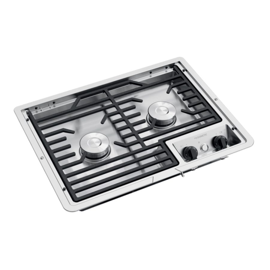 DOMETIC 50216 DROP IN D21-SEC, Cooktop; D21-SEC; Drop-In; Stainless Steel Top; 18-3/8 Inch Width x 4 Inch Height x 14-5/8 Inch Depth; Piezo Ignition; 7200 BTU Main Burner and 5200 BTU Additional Burner; 2 Sealed Burners; With Removable Cast Grate