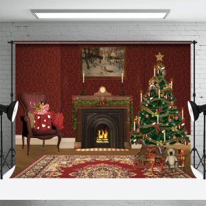 Dark Red Fireplace Tree Carpet Christmas Backdrop - Aperturee