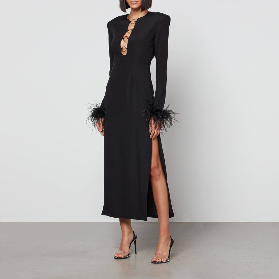 De La Vali Gospel Feather-Trimmed Crepe Midi Dress - UK 8