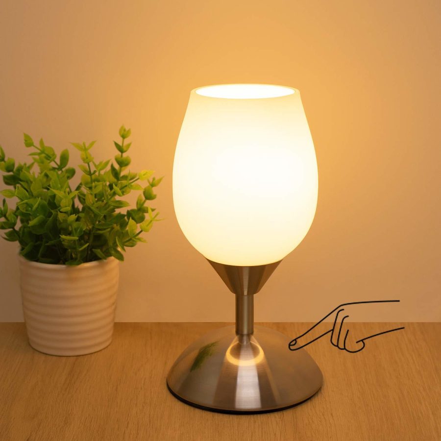 Dimmable Touch Control Table Lamp, Small Lamp With Opal Glass Lampshade Ambient