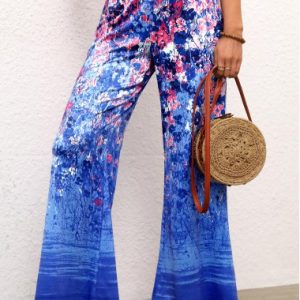 Ditsy Floral Print Elastic Waist Blue Pants