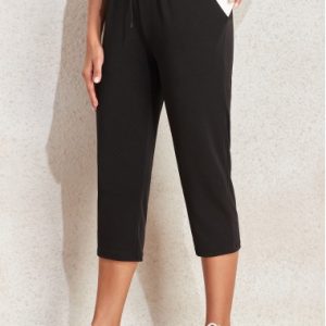 Drawastring Pocket Black Regular High Waisted Pants