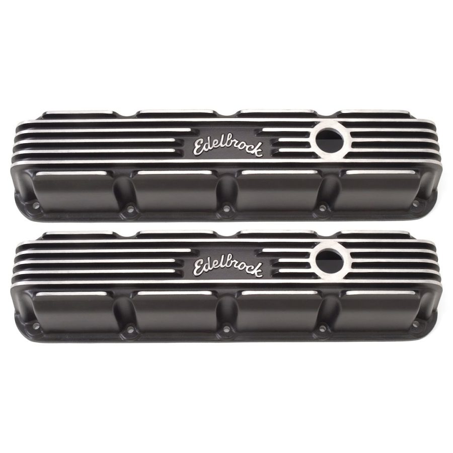 EDELBROCK 41773 VALVE COVER MAGNUM, Chrysler Magnum 5.2L-5.9L/318-360 Cubic Inch; 3-3/4 Inch Tall; Perimeter Bolt; With Oil Fill Hole; Without Breather; Without Baffles; Finned with Edelbrock Logo; Powder Coated; Black; Aluminum; Set of 2; Set of 2