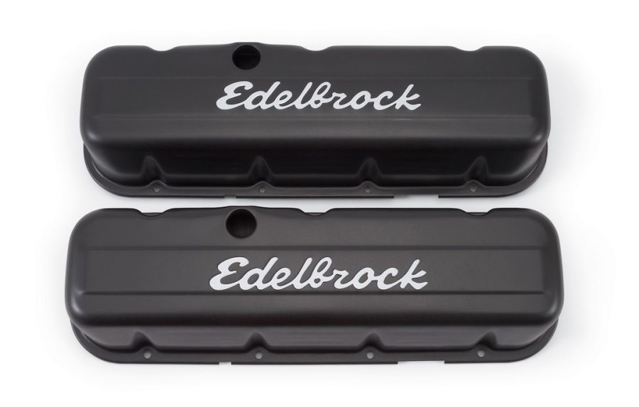 EDELBROCK 4683 V/C TALL BBC BLACK, Chevy Big Block 6.5L-8.2L/396-502 Cubic Inch; 3.8 Inch Overall Height; Perimeter Bolt; With Oil Fill Hole; With Breather Hole; With Baffles; Smooth Top With Edelbrock Logo; Powder Coated; Black; Steel; Set of 2