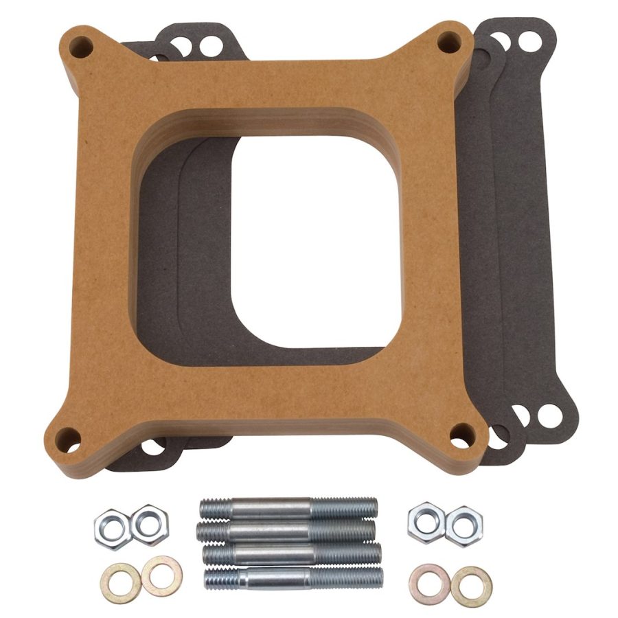 EDELBROCK 8720 1FT SPACER WOOD, For Use With Square Bore Flange; Open Center; 1 Inch Thick; Laminate; Wood Fiber; With Gasket; Studs and Washers