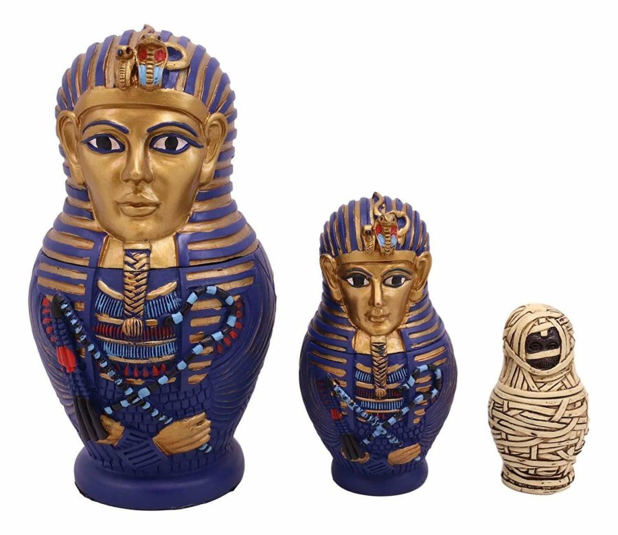 Egyptian Pharaoh King Tut Sarcophagus With Mummy Nesting Dolls 3 pc Figurine Set