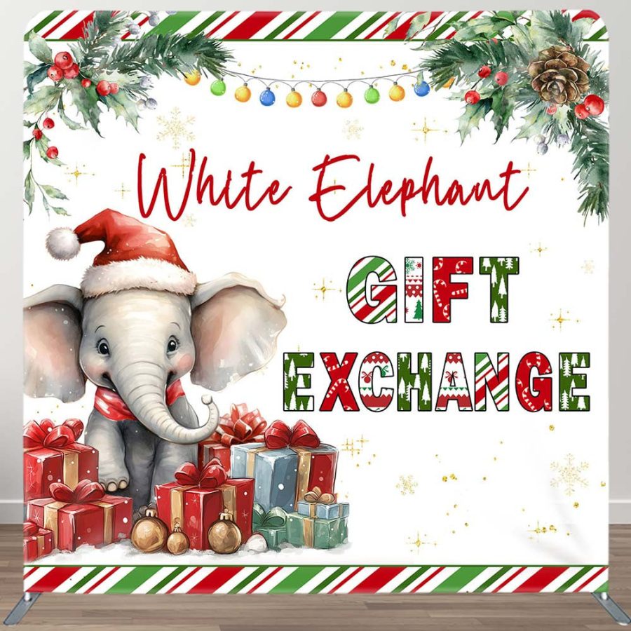 Elephant Xmas Gift Exchange Tension Fabric Backdrop - Aperturee