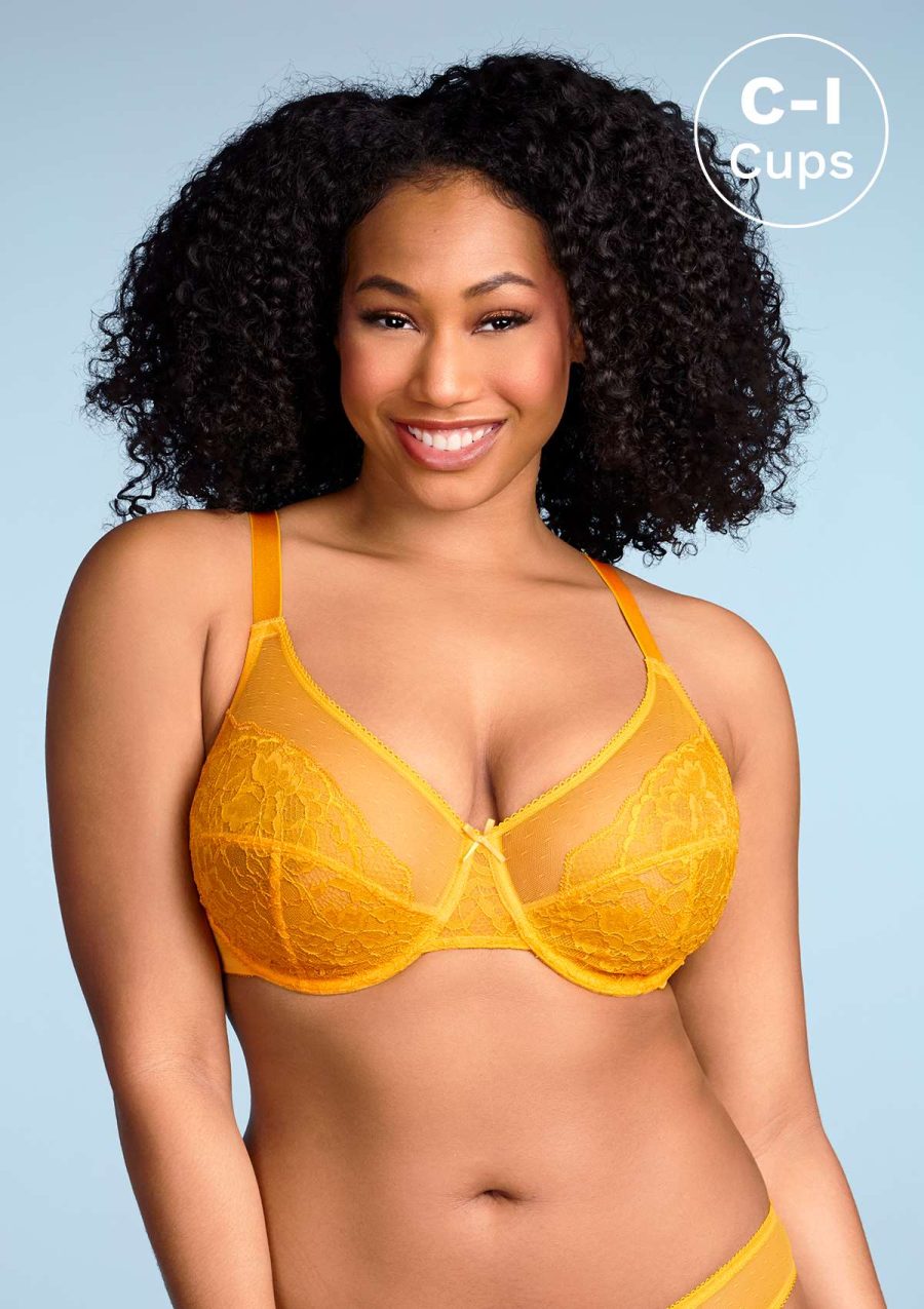 Enchante - Yellow Unlined Underwire Lace Minimizer Bra | HSIA - Cadmium Yellow / 34 / D