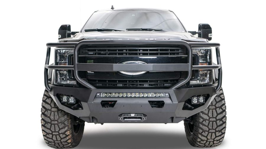 FAB FOURS DR10-X2950-1 Bumper; Matrix Series; One Piece Design; Direct Fit; Mounting Hardware Included; With Grille Guard; With Internal Winch Mount For 12,000 Pound Warn Zeon Winch; With D-Ring Mounts; With Center 30 Inch Light Bar Mount; Powder Coated