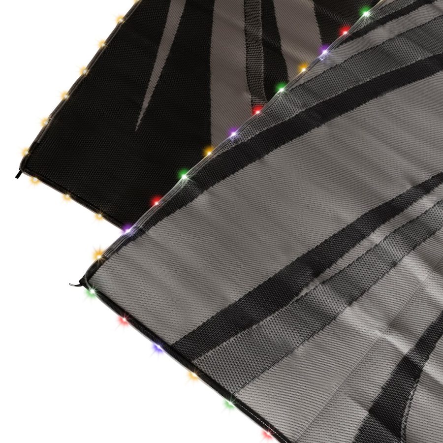 FAULKNER 53025 MAT LED MOD SWISH BLACK/GREY 9 X 18, Modern Swish Design; 18 Foot Length x 9 Foot Width; Black/ Gray; Polypropylene; Reversible Fabric; Mold And Mildew Resistant; Without Grommets; With Carry Bag/ Corner Tie-Downs