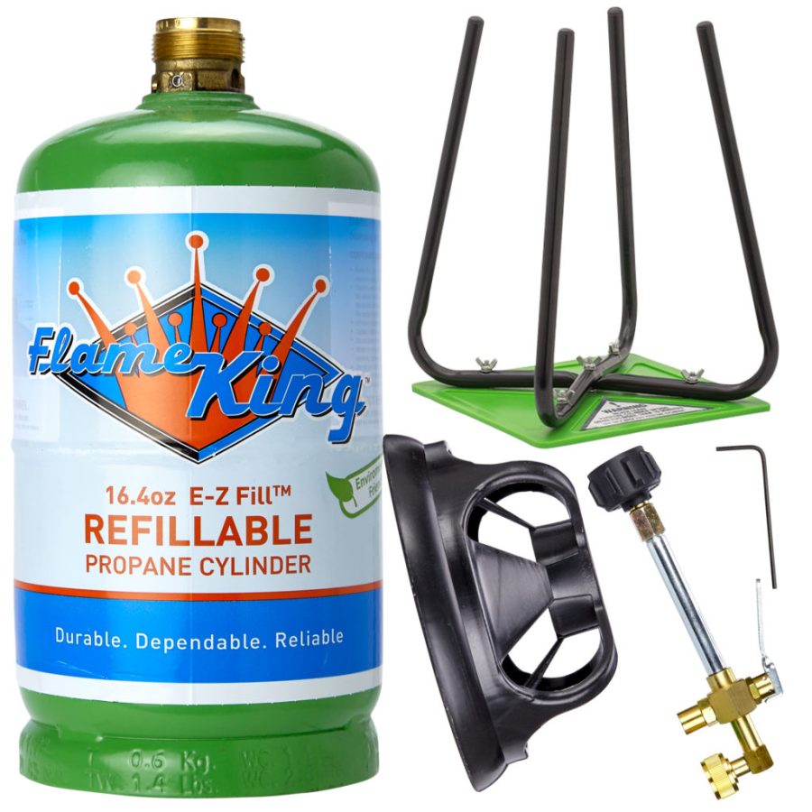 FLAME KING YSN1LBKT Refillable 1 lb Empty Propane Cylinder Tank - with Refill Kit and CGA600 Connection - Reusable - Safe and Legal Refill Option - DOT Compliant - 16.4 oz, Green