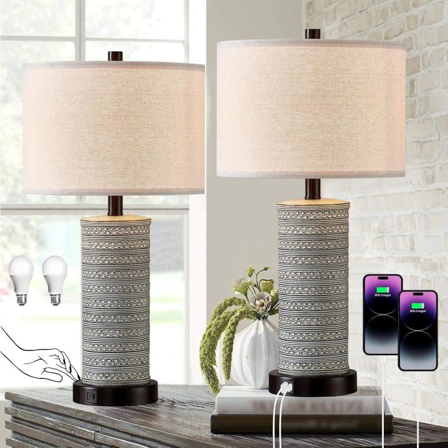 Farmhouse Table Lamp Set Of 2 With Usb Ports And Outlet 3-Way Touch Control Bedr