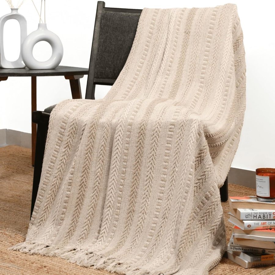 Farmhouse Throw Blanket Boho Living Room Decor Brown Cotton Stripe Cozy Bed Blan