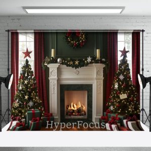 Festive Green Red Fireplace Christmas Vibe Backdrop - Aperturee