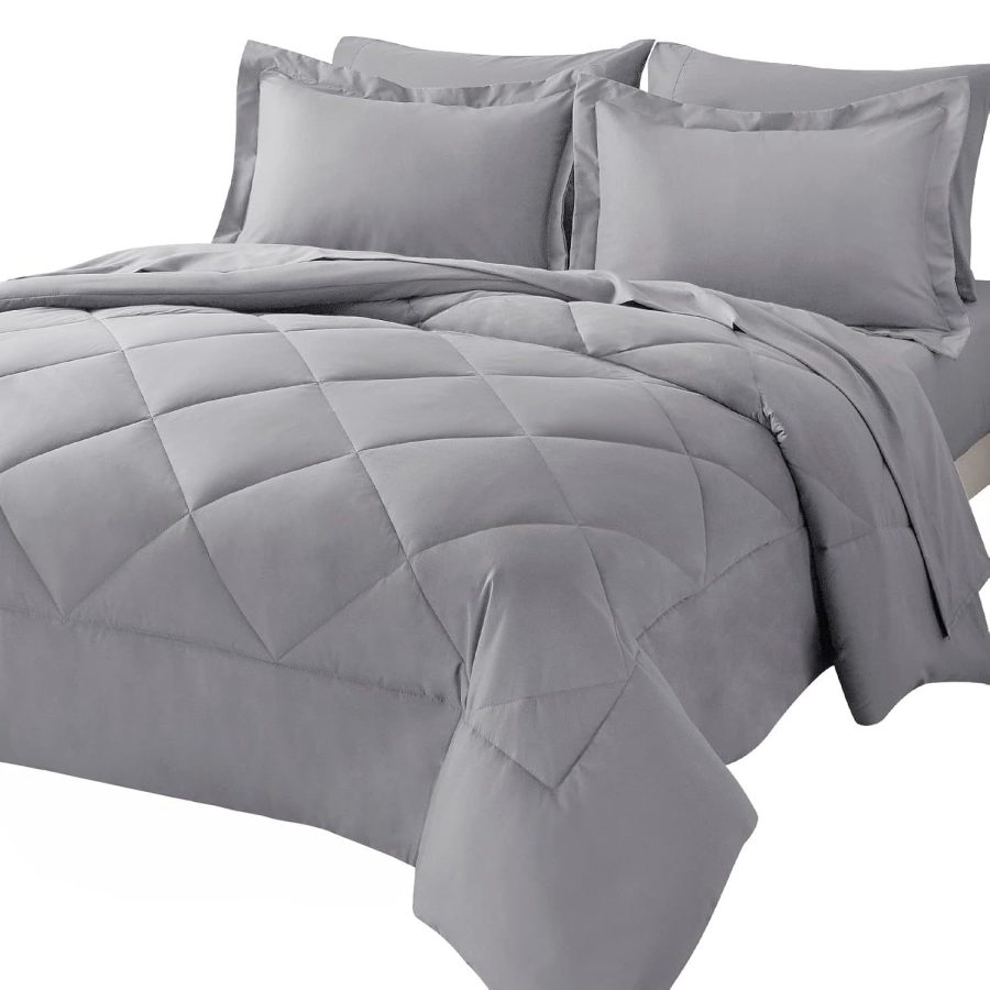 Full Comforter Set With Sheets 7 Pieces Bed In A Bag Light Grey All Season Beddi