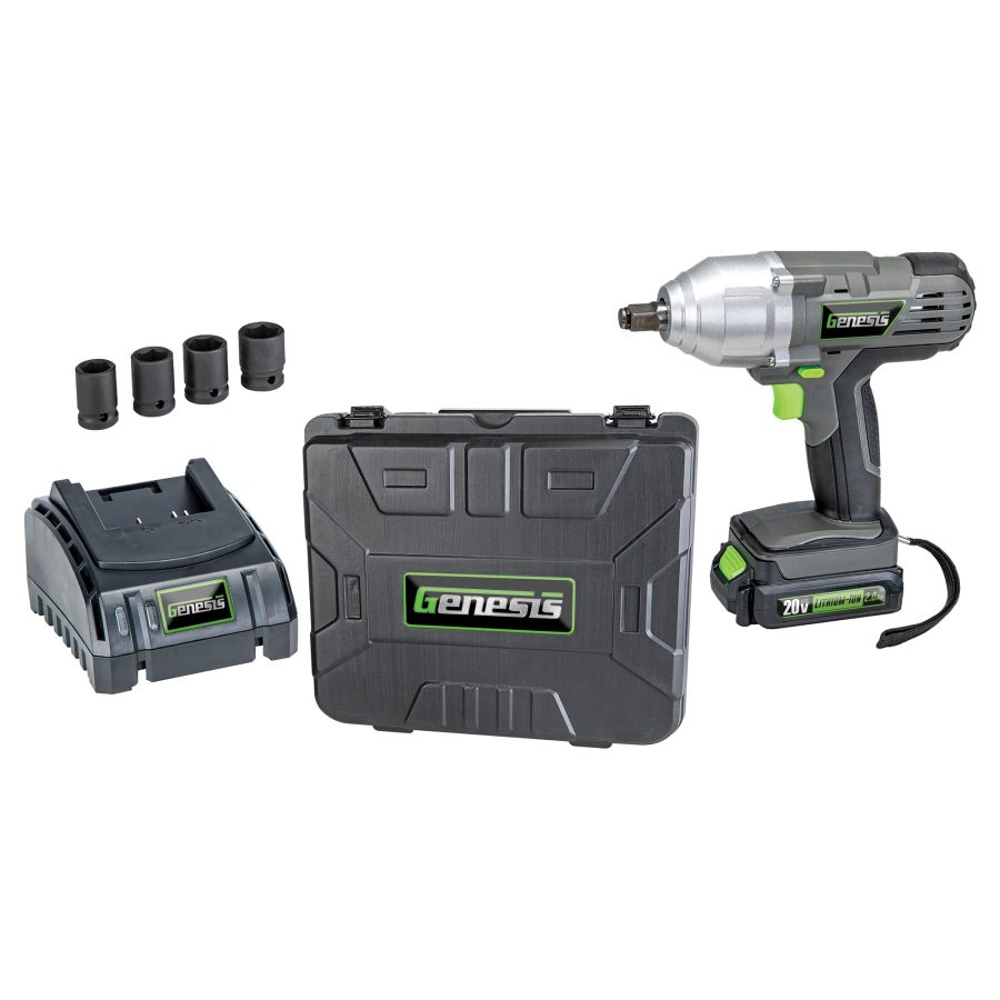 GENESIS GLIW20AK 20-Volt Li-Ion Cordless Impact Wrench Kit with Charger, Battery, Sockets, and Storage Case