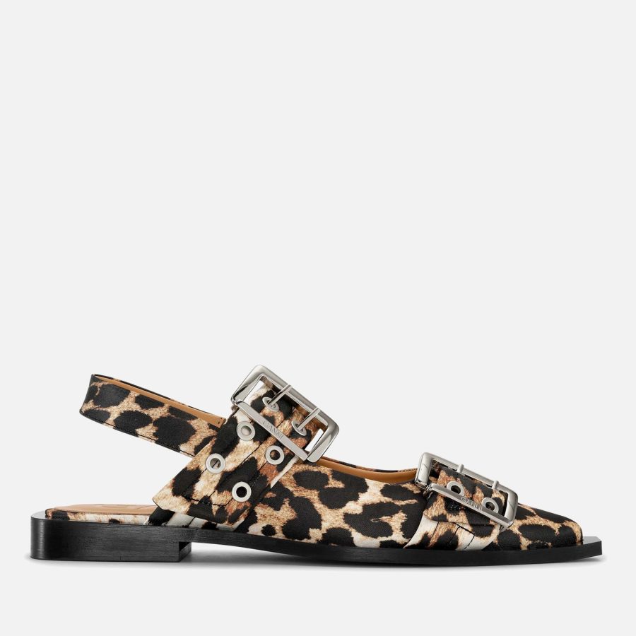 Ganni Buckle Ballerina Leopard Print Satin Shoes - UK 4