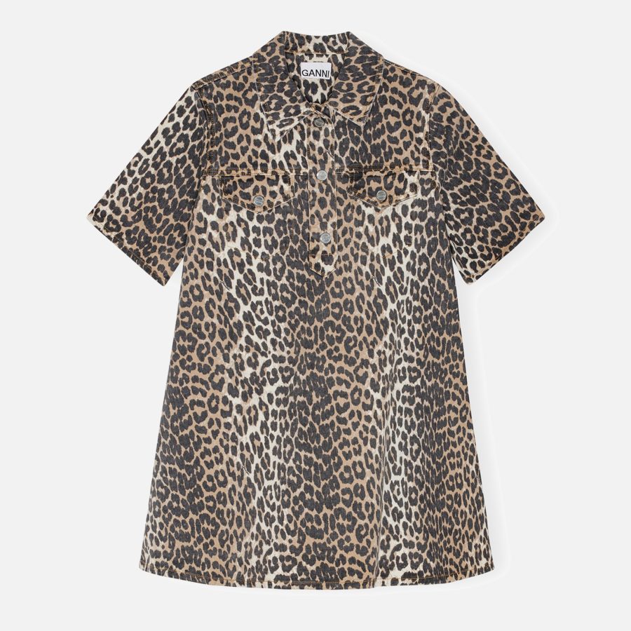 Ganni Leopard-Print Denim Mini Dress - 40