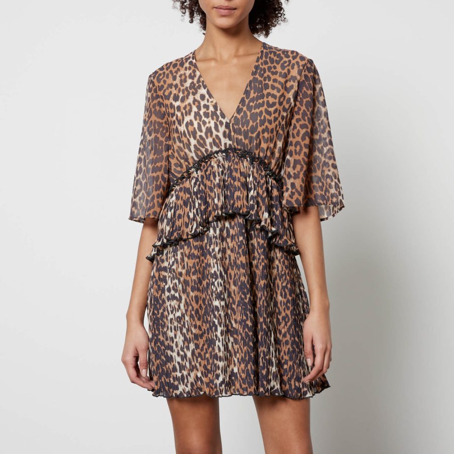 Ganni Ruffled Leopard-Print Chiffon Mini Dress - EU 34/UK 6