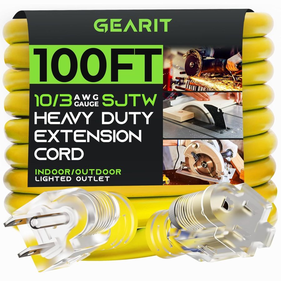 GearIT 10/3 Outdoor Extension Cord (100 Feet) 10 AWG Gauge - 3 Prong Plug - SJTW