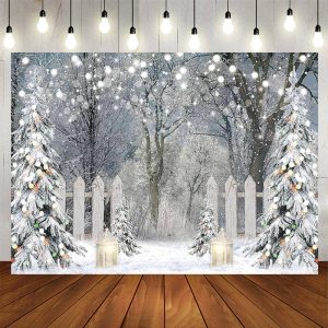 Glitter White Fence Snowy Forest Party Backdrop - Aperturee