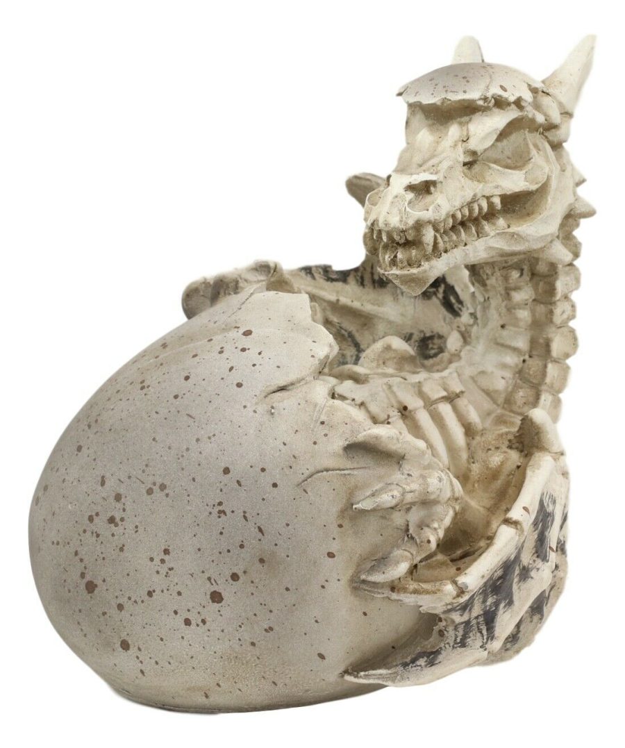 Gothic Skeleton Bone Wyrmling Dragon Hatchling Emerging from Egg Statue 5.25"H