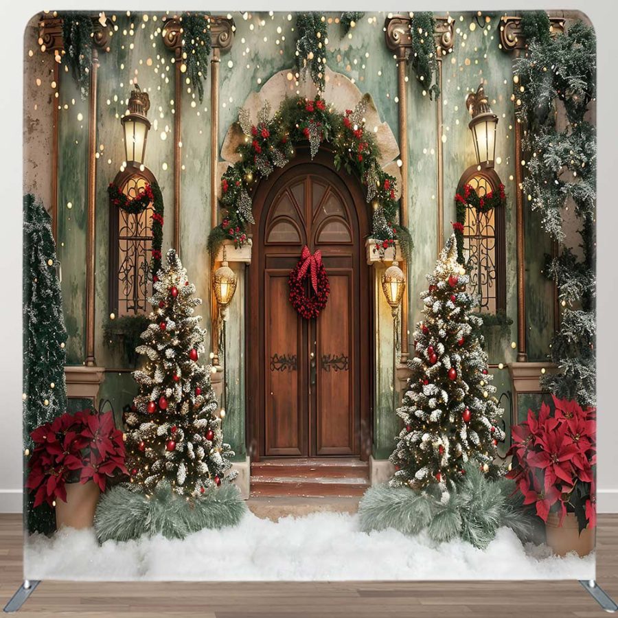 Green Wall Brown Door Villa Xmas Pillow Case Backdrop - Aperturee