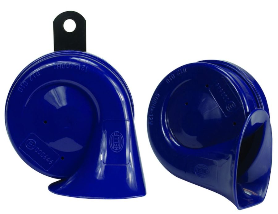 HELLA 012010801 HORN KIT BX BLUE TRUMPET, One 500 Hertz High-Tone Horn/ One 400 Hertz Low-Tone Horn; 110 Decibels; 12 Volt; 72 Watt; 3.2 Inch Trumpet; Blue; ABS Plastic Housing; Set Of 2; With Galvanized Metal Bracket